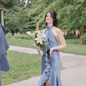 Halter Ruffle Satin Evening Dress in Dusty Blue